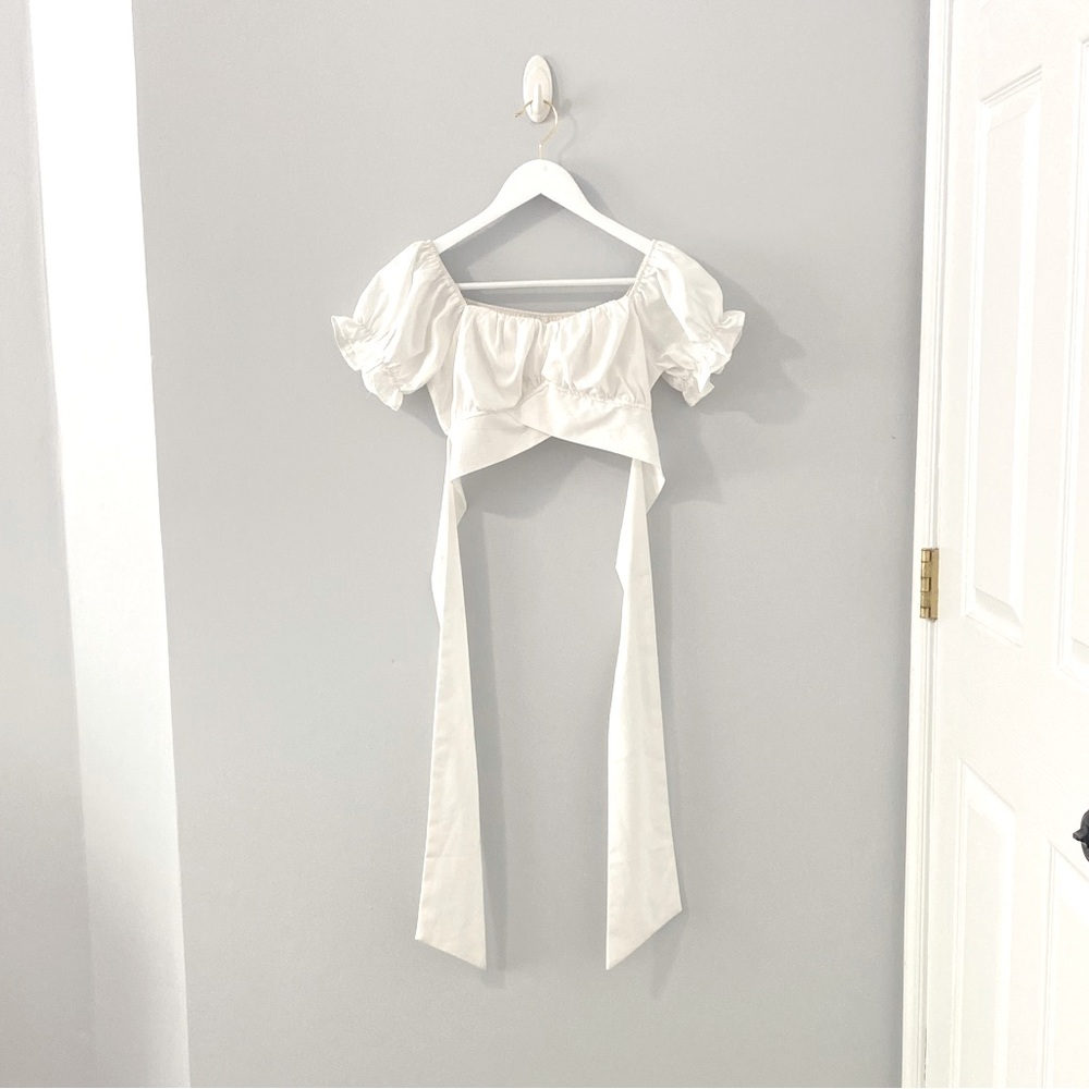 Women's Ruffle Short Sleeve Tie Up Back Crop Top Off Shoulder Bardot Blouse